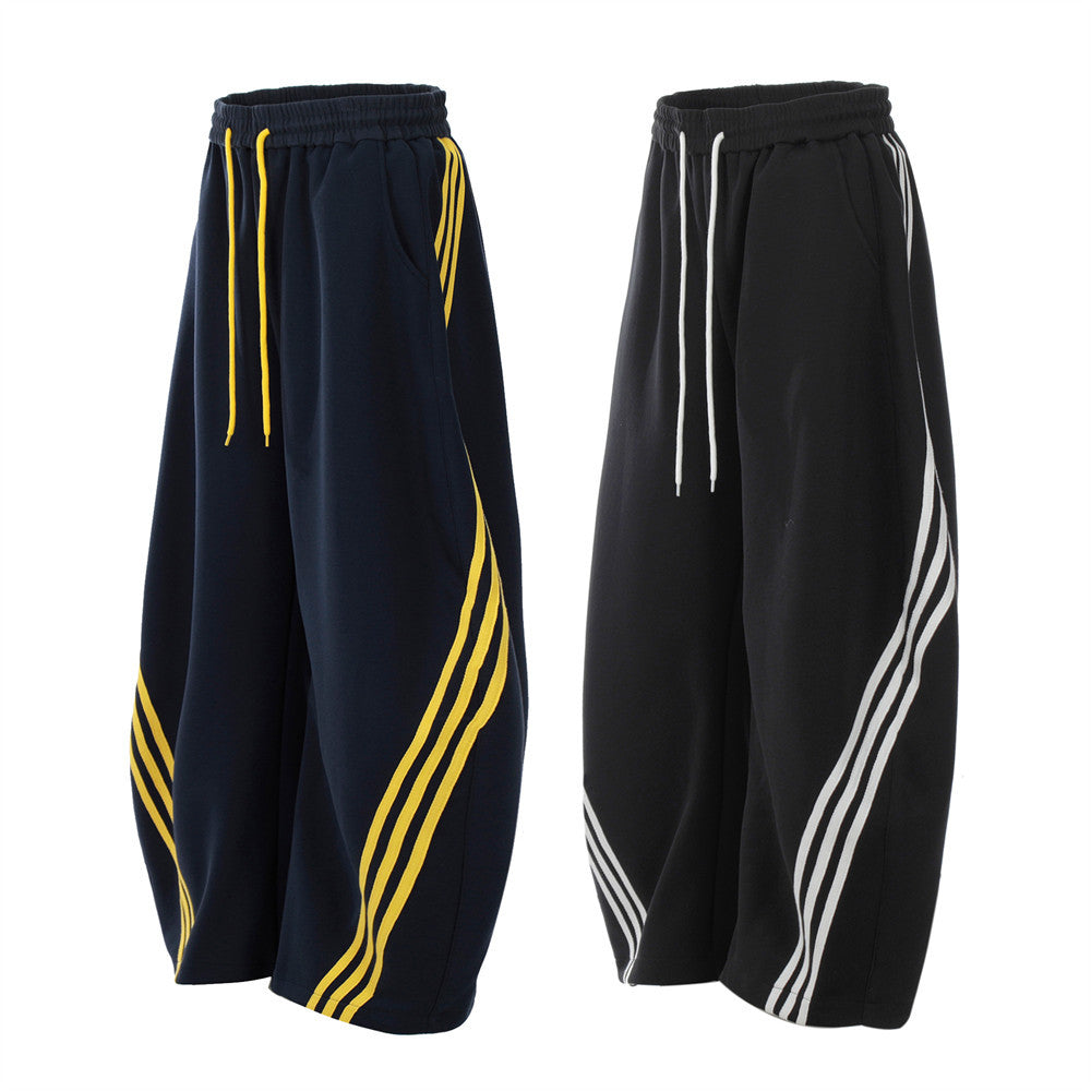 Color Block Three-Stripes Curved Knife Casual Pants Men's INS Trendy Design Sporty Loose Wide-Leg Long Pants
