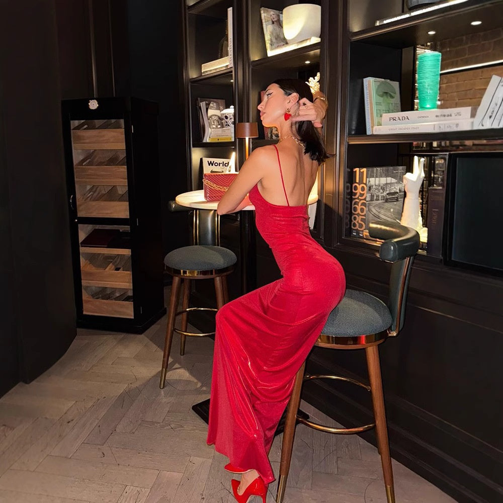 Sleeveless camisole dress slim fit solid color hip hugging evening gown