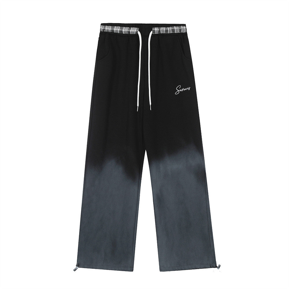Gradient Color Block Casual Pants Hip Hop Distressed Embroidered Sweatpants Men's Loose Straight Drawstring Long Pants