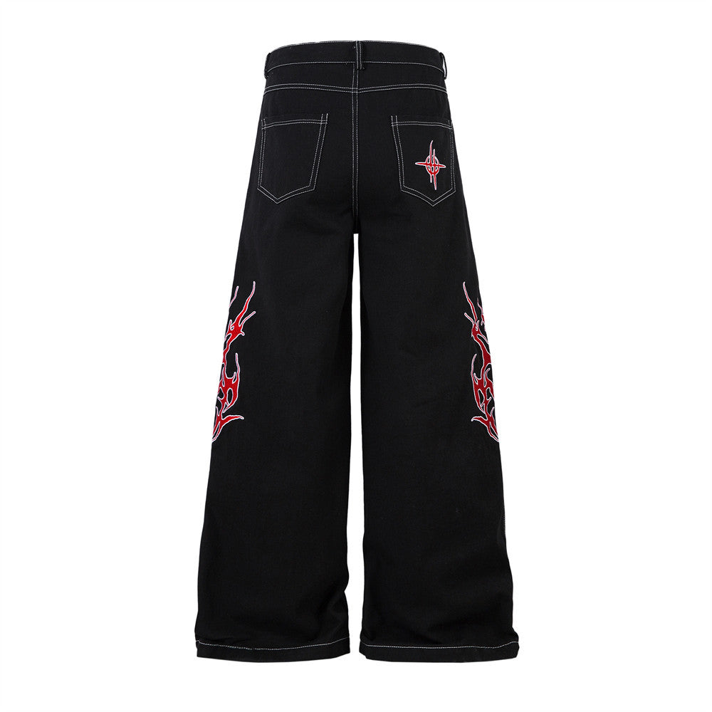 Sense Thorns Embroidery Pattern Wide Leg Denim Trousers Men's Niche Hip Hop Trendy Flared Loose Floor-Length Pants