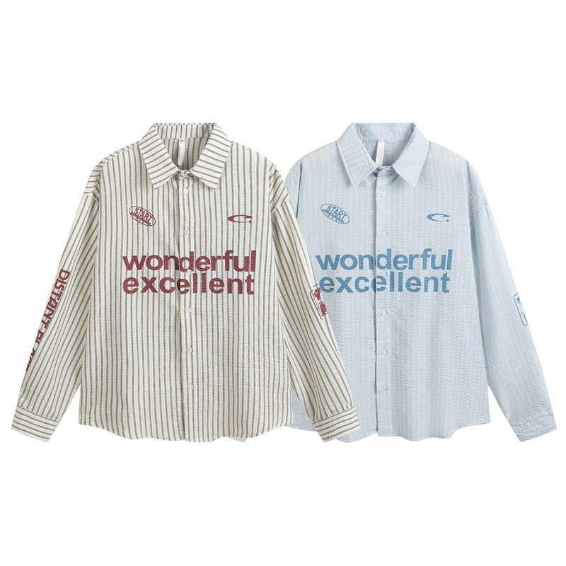 Loose striped letter printed men's and women's long sleeved shirts