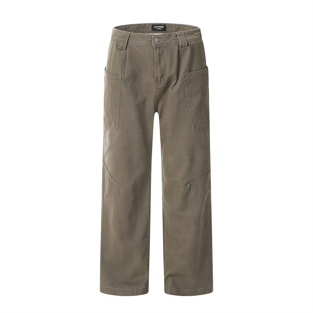 High Street Workwear Denim Long Pants Men's Loose Flared Trousers with Large Pockets Wide Leg Floor-Length Pants Trendy