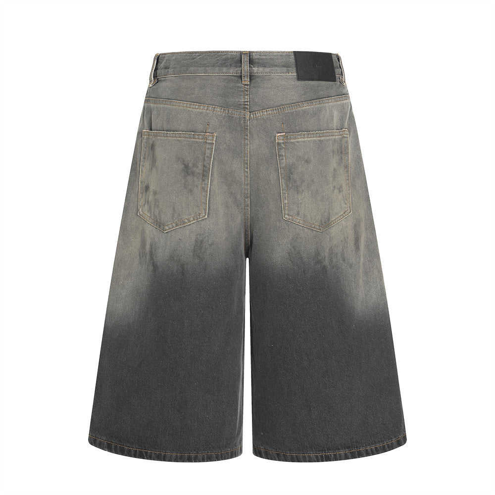 Punk Faded Washed Denim Shorts Men's Straight Leg Summer Ink Splatter Wide-Leg Five-Point Pants Trendy