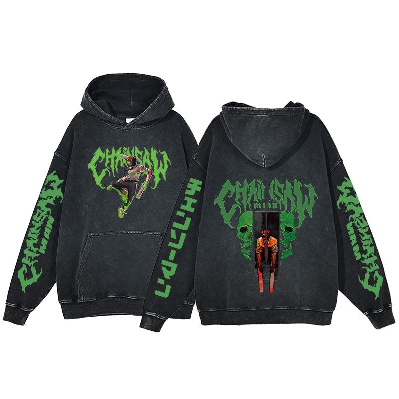 American retro washed hoodie for men and women, hip-hop chain sawman anime, dark hoodie, distressed hoodie