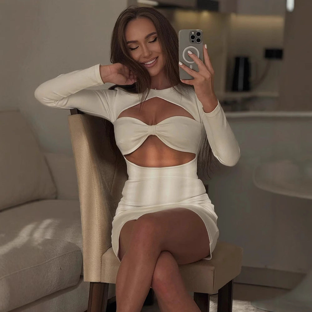 Sexy hollowed out round neck long sleeved slit spicy girl dress for women