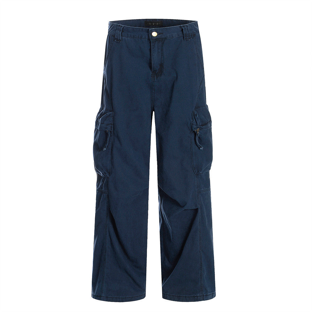 Punk High Street Work Pants Men Vibe Pleated Design Sense Three-Dimensional Pockets Washed Loose Straight Leg Long Pants