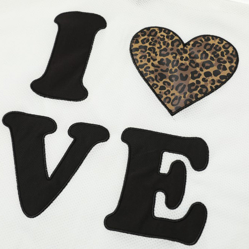 Heart-shaped Color-blocked Leopard Print Mesh Short-sleeved T-shirt Men's Summer Sports Loose V-neck Jersey Breathable Quick-dry Design Sense