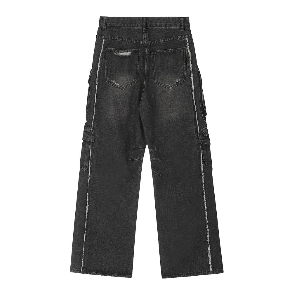 Functional Multi-Pocket Workwear Jeans Men's Trendy Punk Washed Distressed Unique Loose Straight Wide-Leg Long Pants