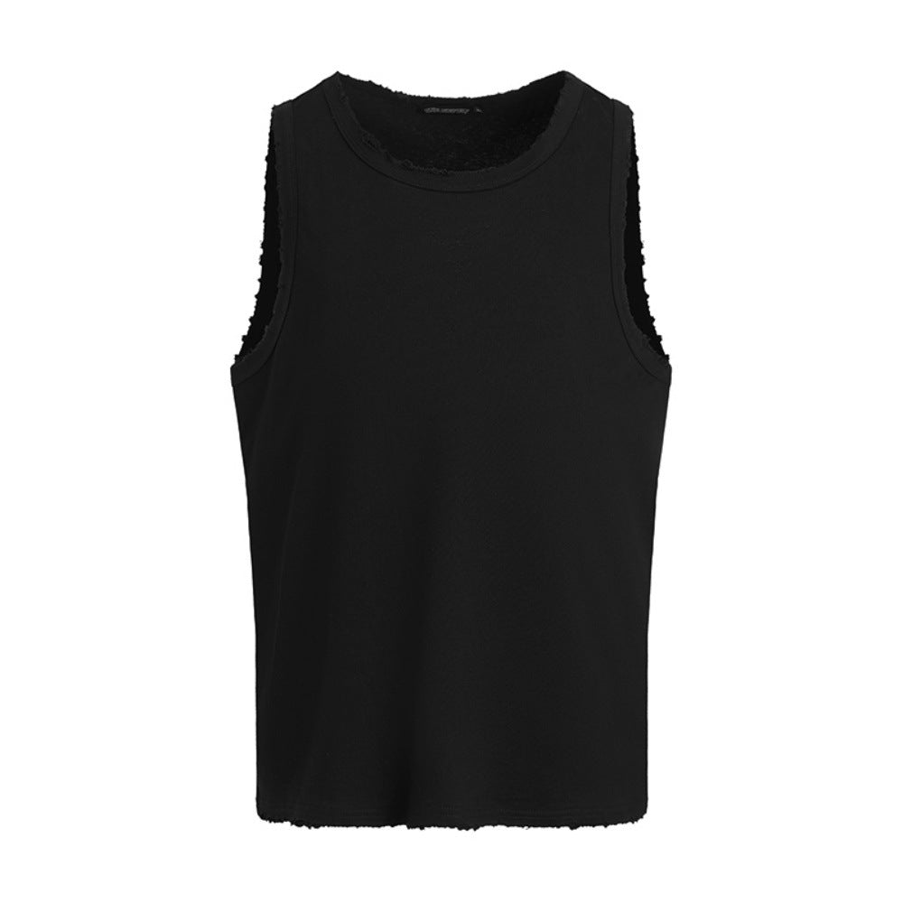 Summer Men's Vest Ripped Loose Casual Sports INS Trend Pure Color Versatile Round Neck Sleeveless T-Shirt American Style