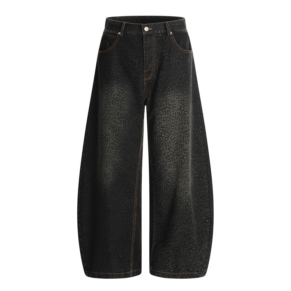 Retro Leopard Print Knife-Edge Jeans Men's High Street Vibe Trendy Washed Out Wide Leg Long Pants