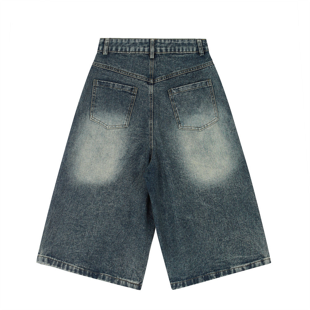 Unique Design Beaded Straight Jeans Shorts Individual Color Clash Faded Washed Five-Point Pants High Street Fashion Men's Clothing