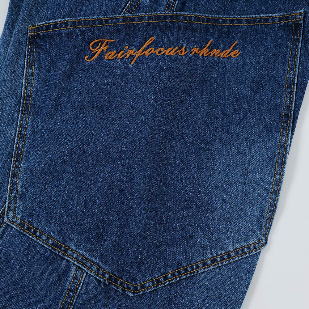 Large Pocket Slouchy Denim Trousers Men's American Street Style Design Loose Wide Leg Pants Embroidered Floor-Length Long Pants