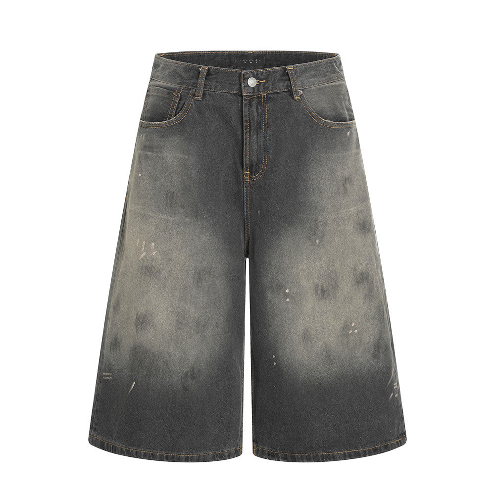 Punk Faded Washed Denim Shorts Men's Straight Leg Summer Ink Splatter Wide-Leg Five-Point Pants Trendy