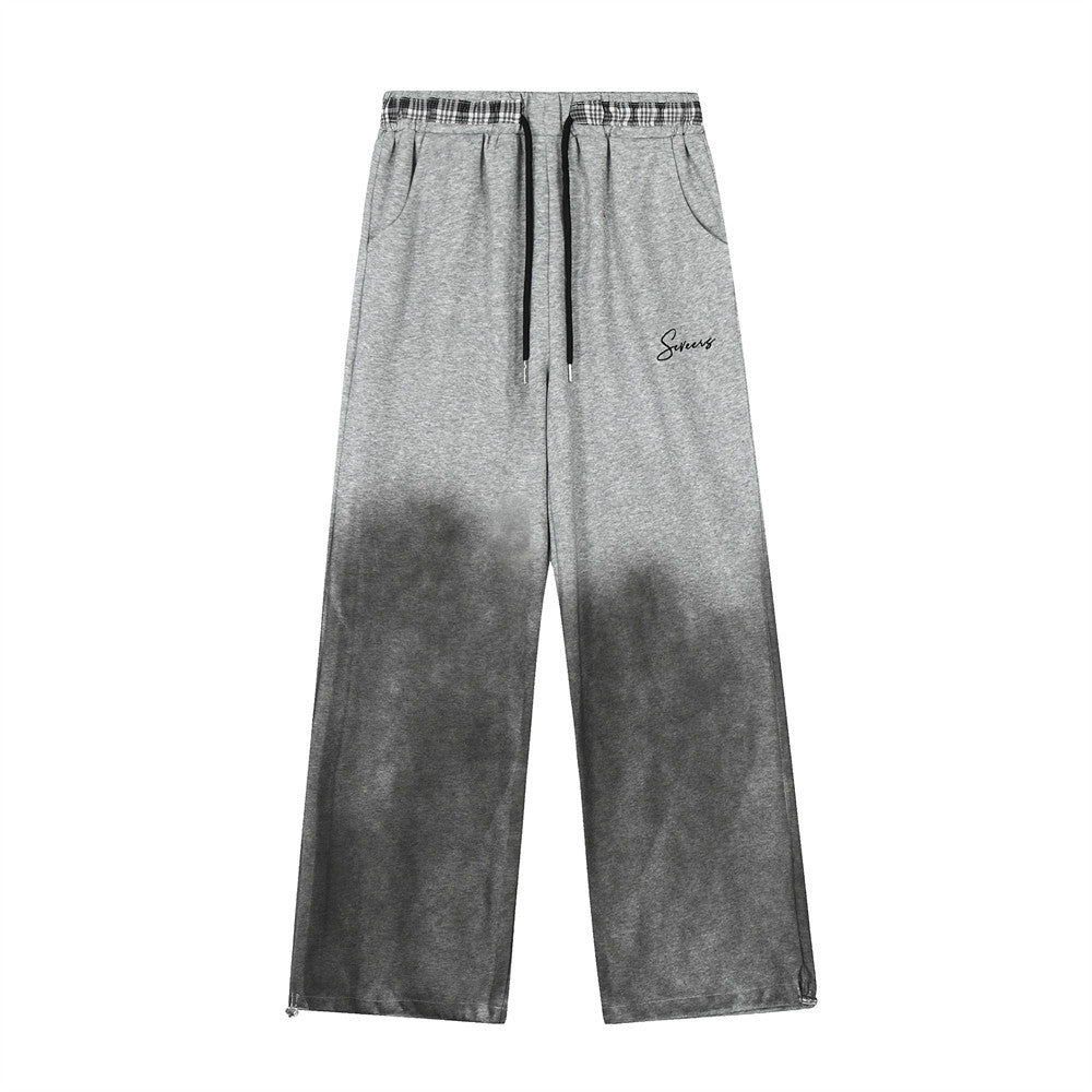 Gradient Color Block Casual Pants Hip Hop Distressed Embroidered Sweatpants Men's Loose Straight Drawstring Long Pants