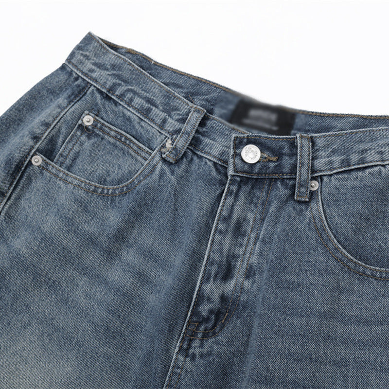 Punk Washed Distressed Denim Shorts Men's Loose Wide-Leg Daily Casual Pants Deconstructed Patchwork Straight Leg Knee-Length Pants