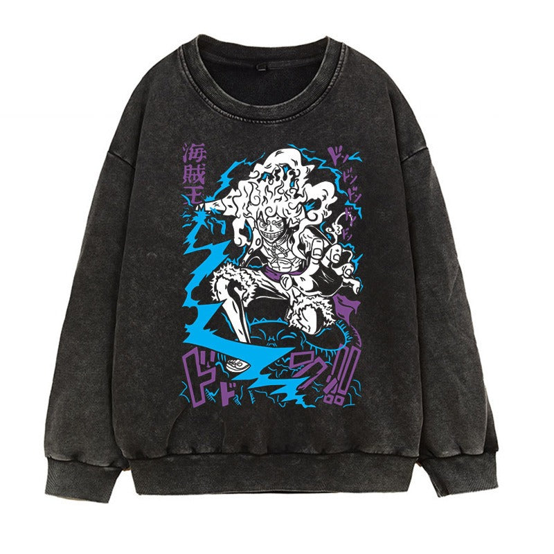 Washed retro distressed hoodie in Japanese Manica form, fifth grade Luffy Gear 5 anime print round neck top