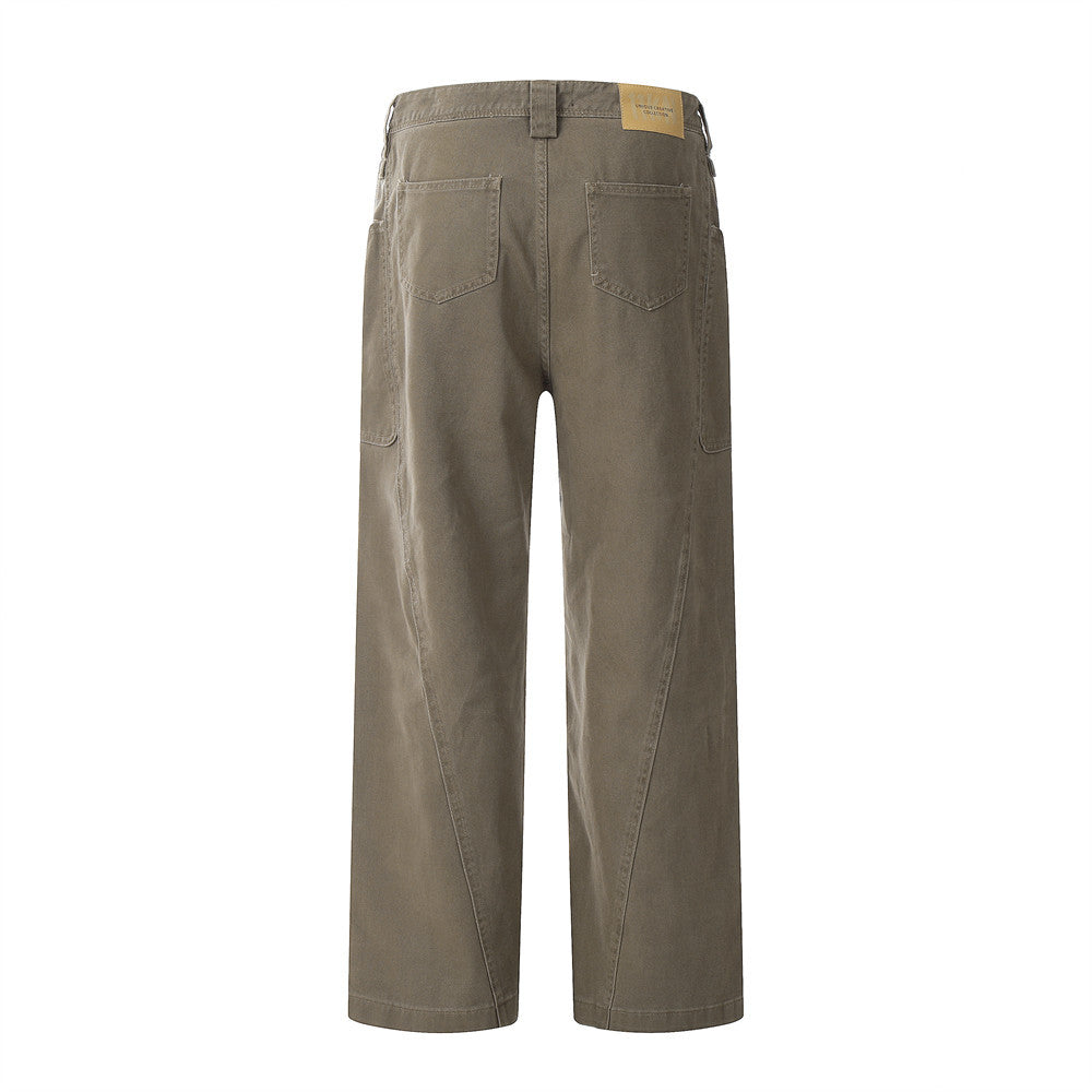 High Street Workwear Denim Long Pants Men's Loose Flared Trousers with Large Pockets Wide Leg Floor-Length Pants Trendy