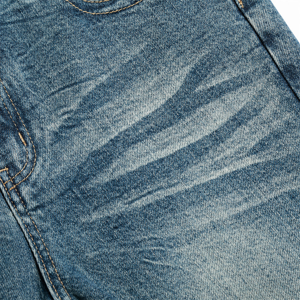 Style Vintage Washed Denim Flare Pants Men's Long Trousers with Unique Pocket Design and Slim Fit