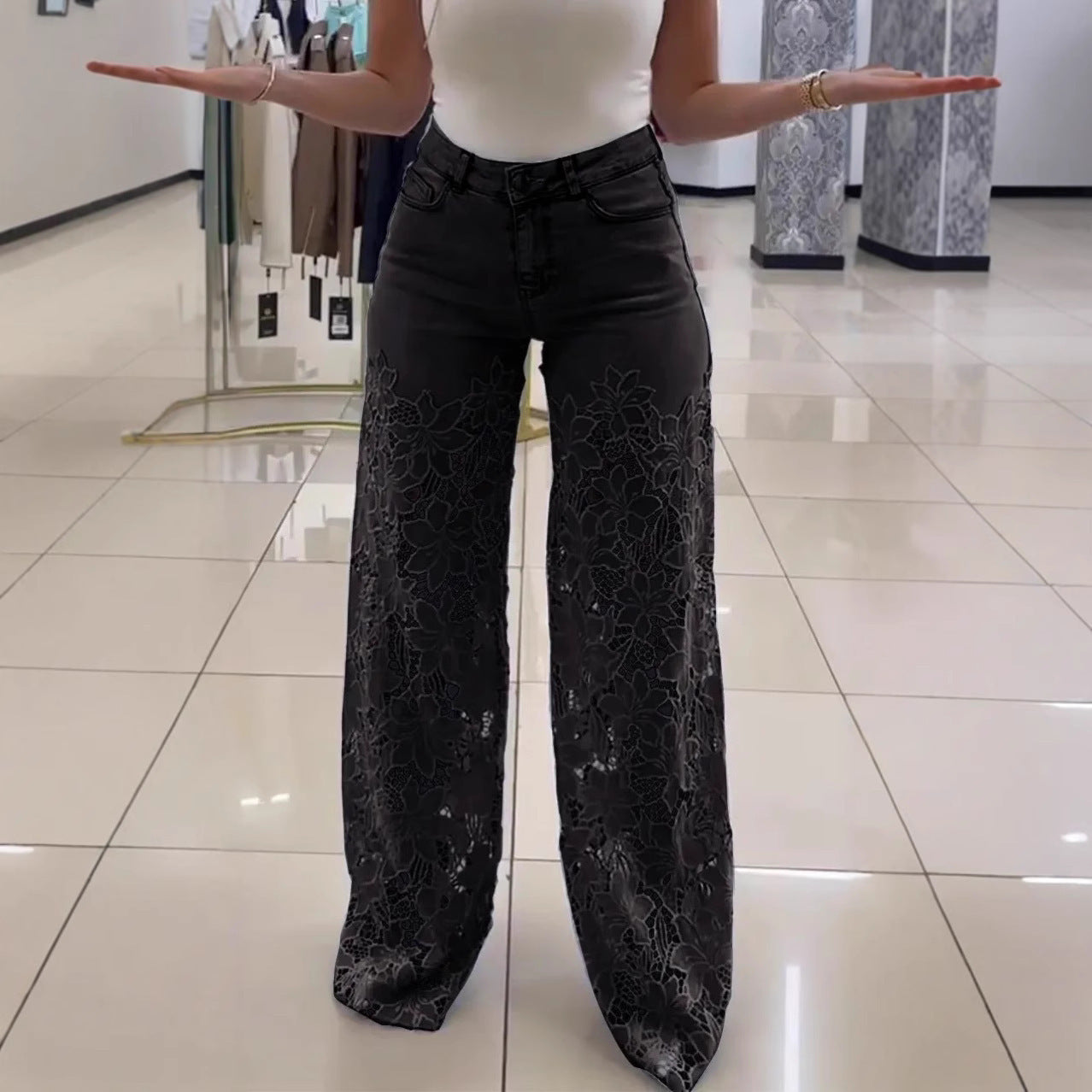 High-Waisted Wide-Leg Pants Women's Spring Summer Fashionable Elegant Versatile Hollow Lace Splicing Denim Drape Trousers