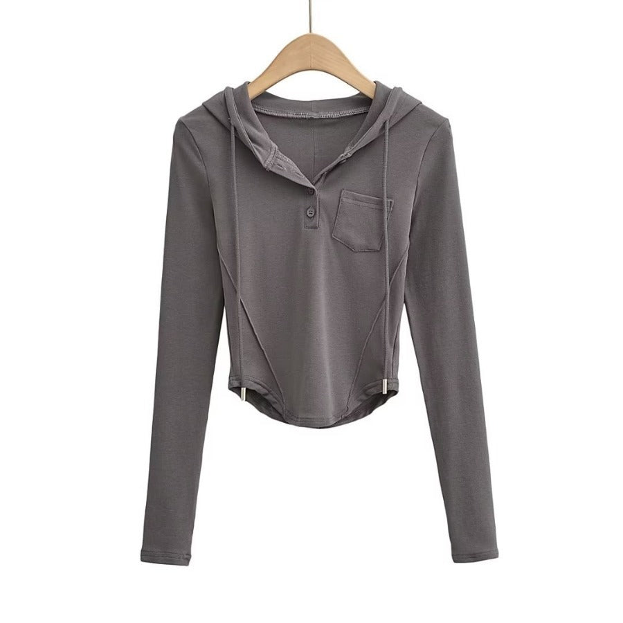 Fashion Women's New Solid Color Curved Tight Coat Hoodie Drawstring Pocket Hoodie