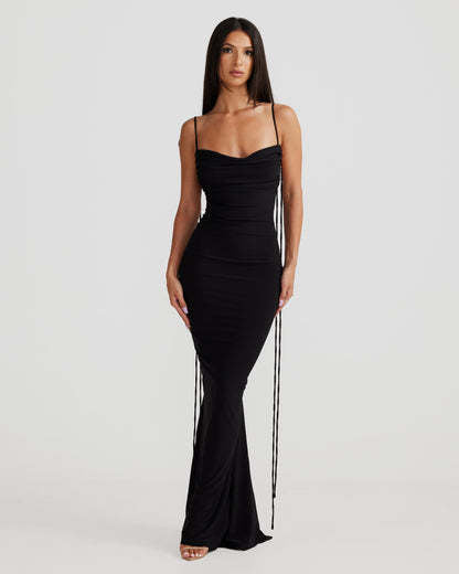 Backless suspender hip hugging long solid color dress