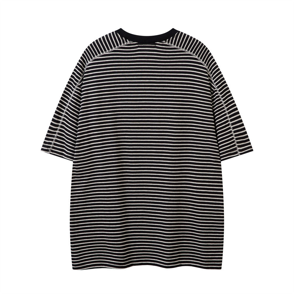 Spliced Deconstructed Color-Blocked Striped Short-Sleeved T-Shirt Men's Loose Street Trend Casual Round Neck Half-Sleeve Top