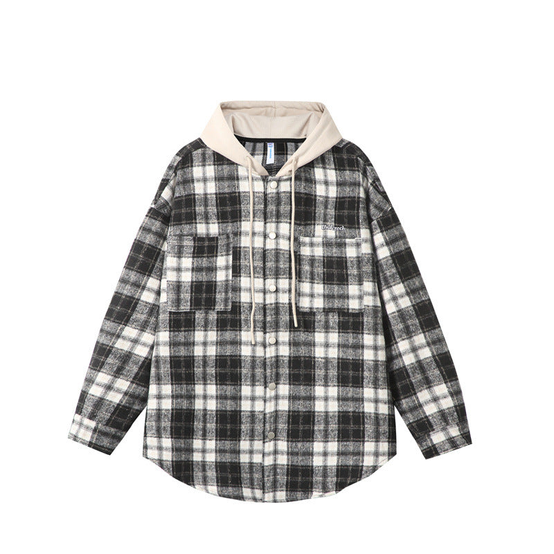 Fake two checkered hooded men's shirts