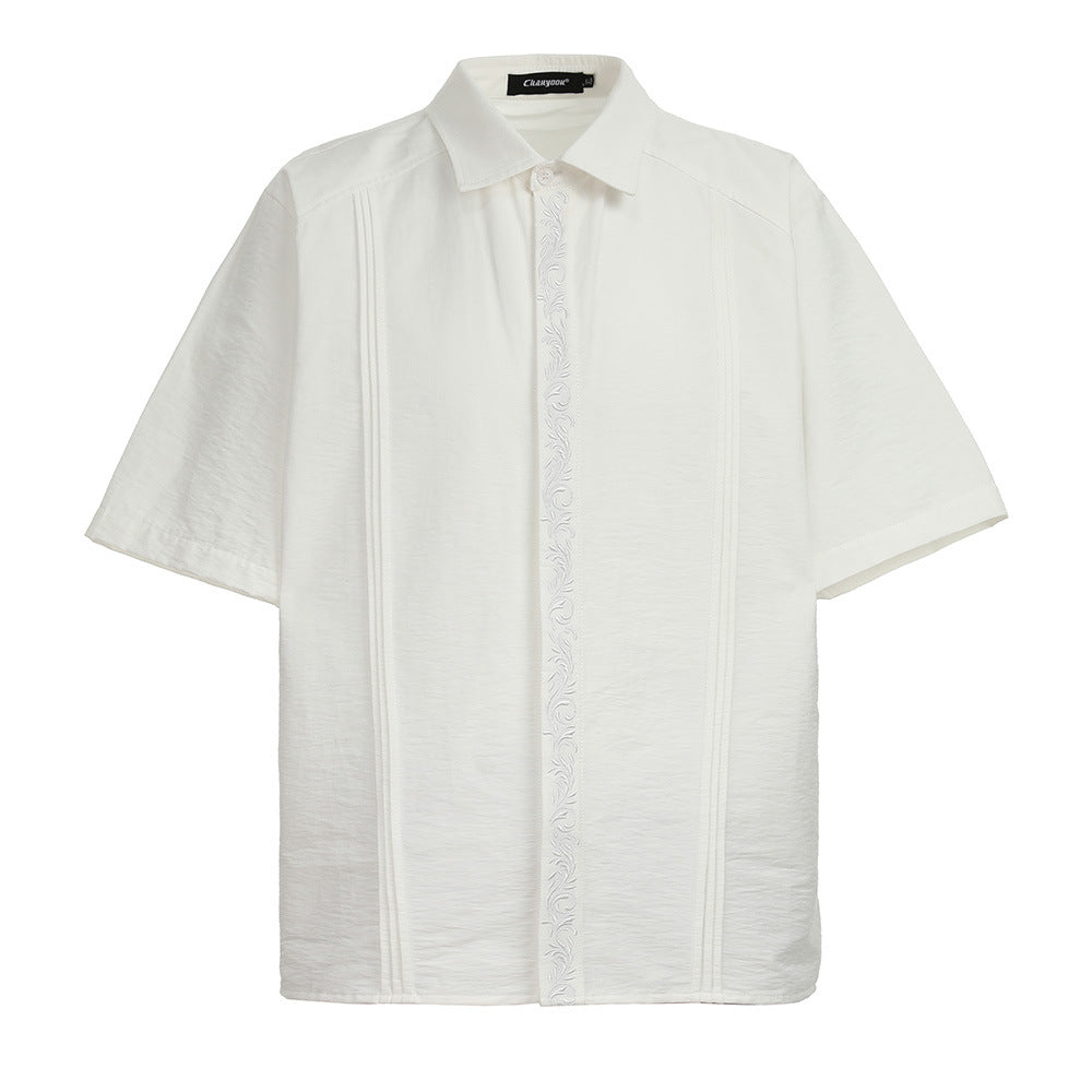Eternal Flower Embroidered Short Sleeve Shirt Men's Summer Unique Design Pleated Solid Color Inner Wear Notched Lapel Open Front Blouse