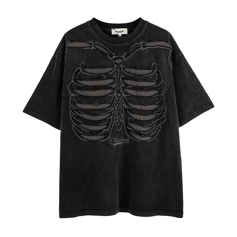 Hollow-out Skull Skeleton Short Sleeve T-Shirt Men's High Street Small Batch Vintage Washed Half Sleeve Top Summer