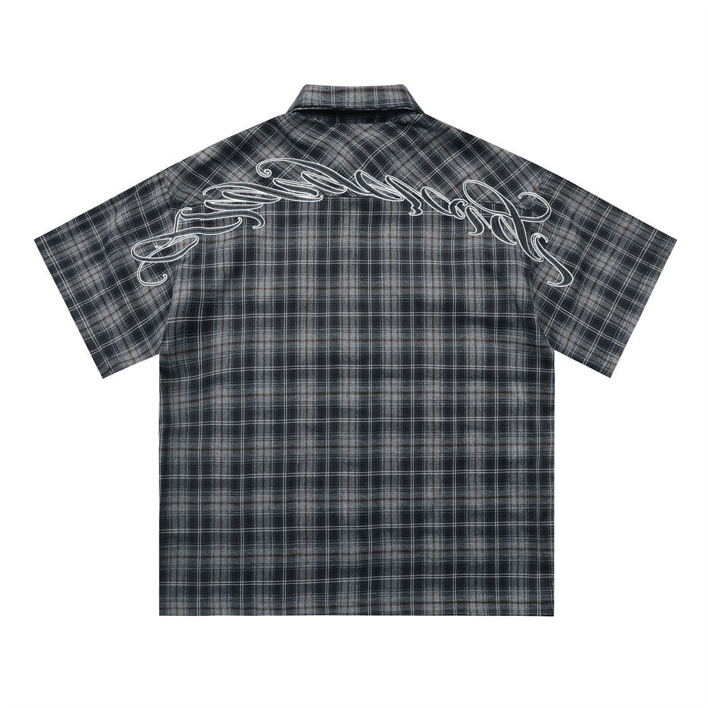 Gothic Letter Embroidery Plaid Short Sleeve Shirt Men's Vintage Street Fashion Workwear Checkered Collar Loose Fit