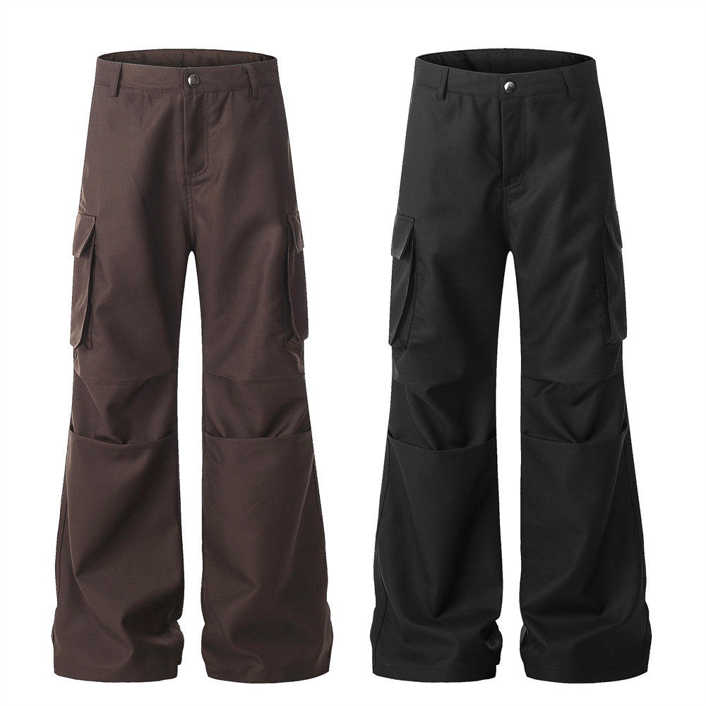 Loose Workwear Wide-Leg Flare Trousers Men's Unique Design Pleated Paratrooper Casual Long Pants Vibe Trend Micro Flare Pants