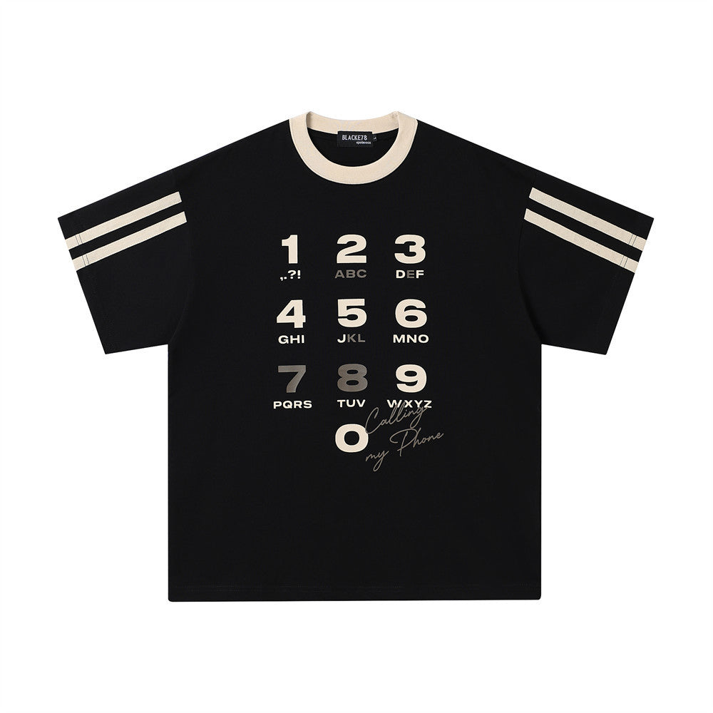 Creative Personality Digital Print Short Sleeve T-Shirt European and American Trendy INS Summer Men's Spliced Stripe Round Neck Three-Quarter Sleeve