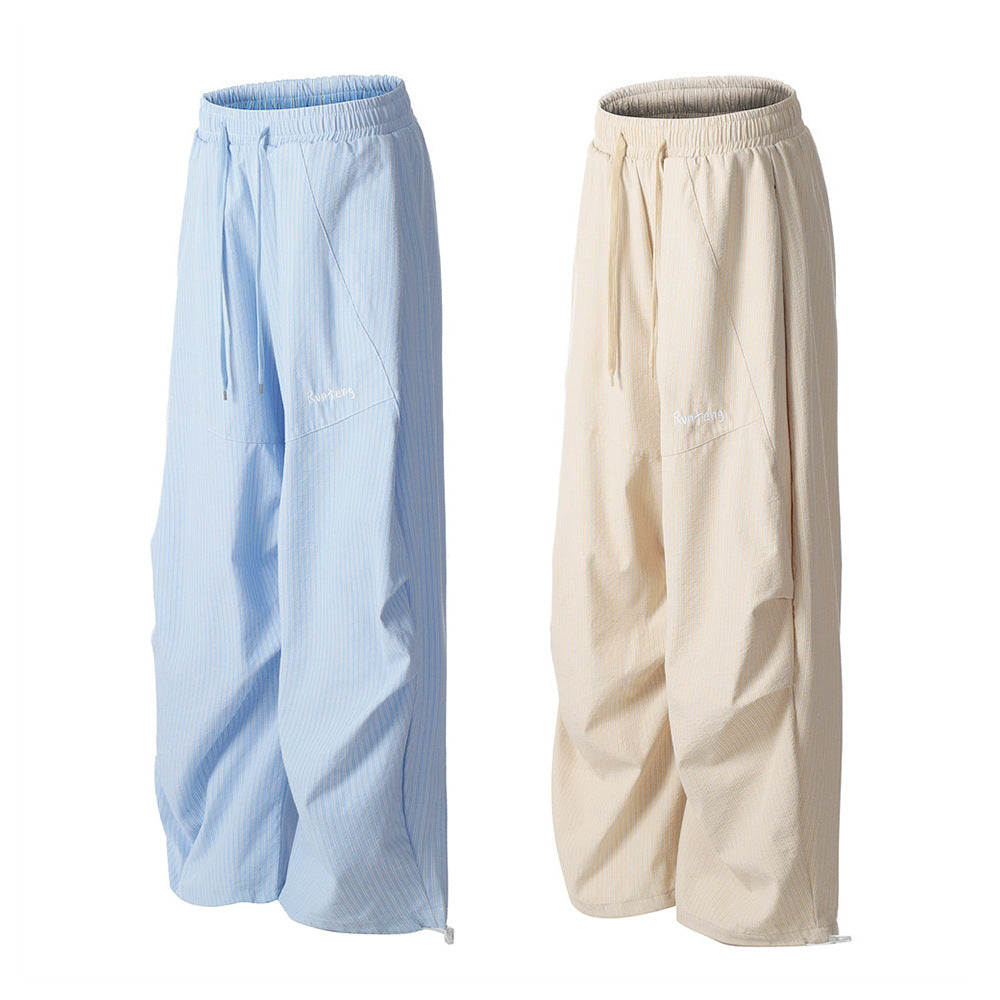 Vertical Striped Casual Long Pants Men's Sporty Loose Cargo Trousers Pleated Design Wide-Leg Pants Trendy