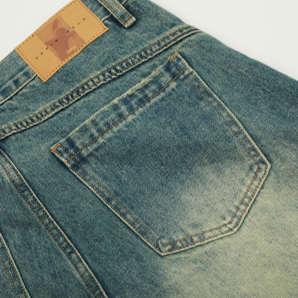 Washed Denim Scissors Pants Men's Long Trousers Punk Deconstructed Patchwork Faded Distressed Loose Wide-Leg Work Pants Street Fashion