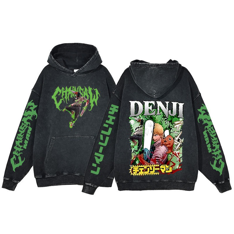 American retro washed hoodie for men and women, hip-hop chain sawman anime, dark hoodie, distressed hoodie