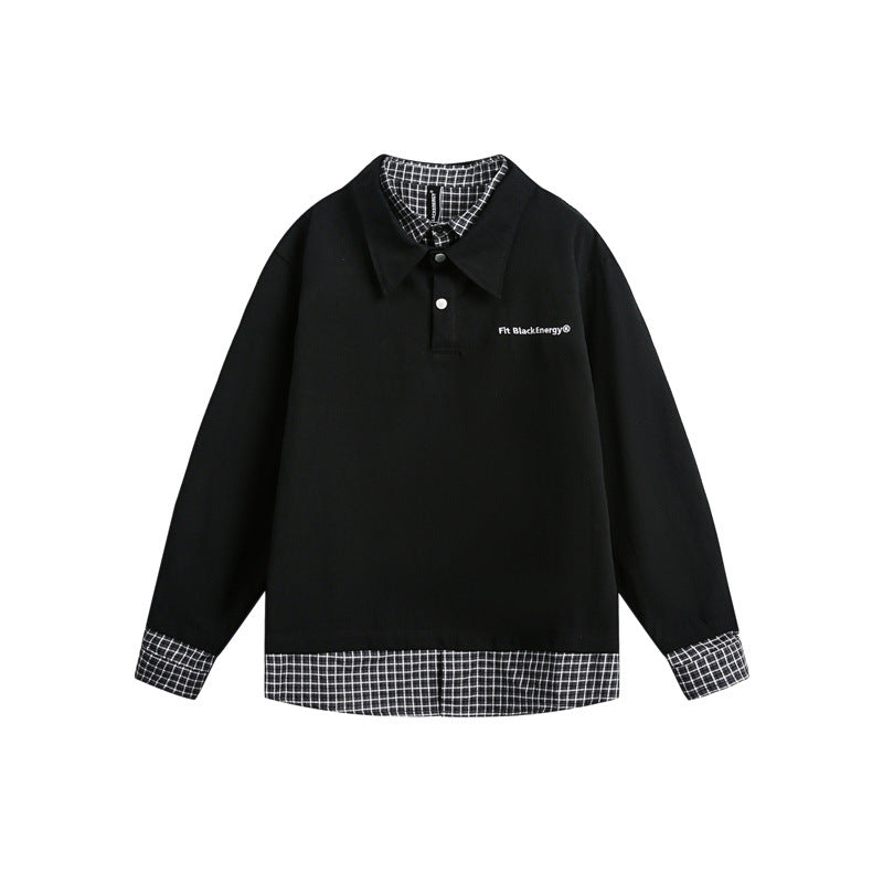 Loose heavy-duty plaid fake two-piece long sleeved men's and women's shirts