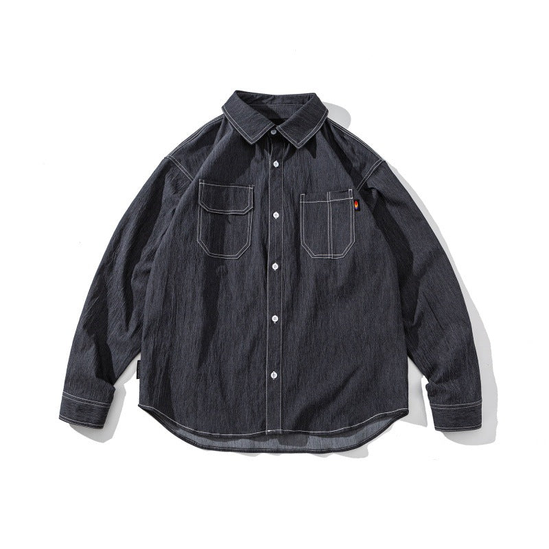 Color blocked bright thread long sleeved loose shirt