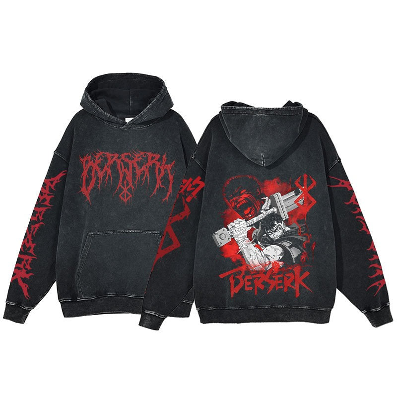 American retro washed hoodie for men and women, hip-hop sword style legendary dark print hoodie, vintage hoodie
