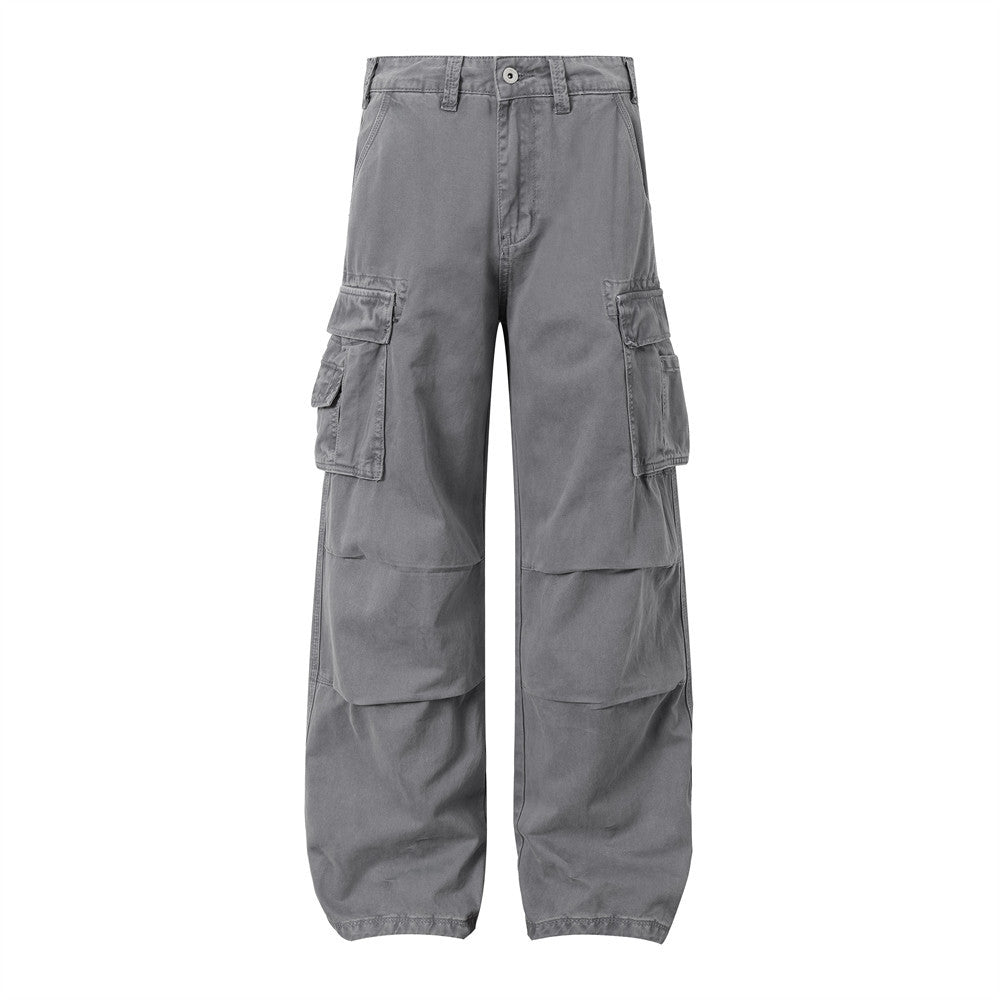 Solid Color Multi-Pocket Workwear Straight Leg Pants Men's Long Trousers Punk Street Style Pleated Design Washed Loose Wide-Leg Pants