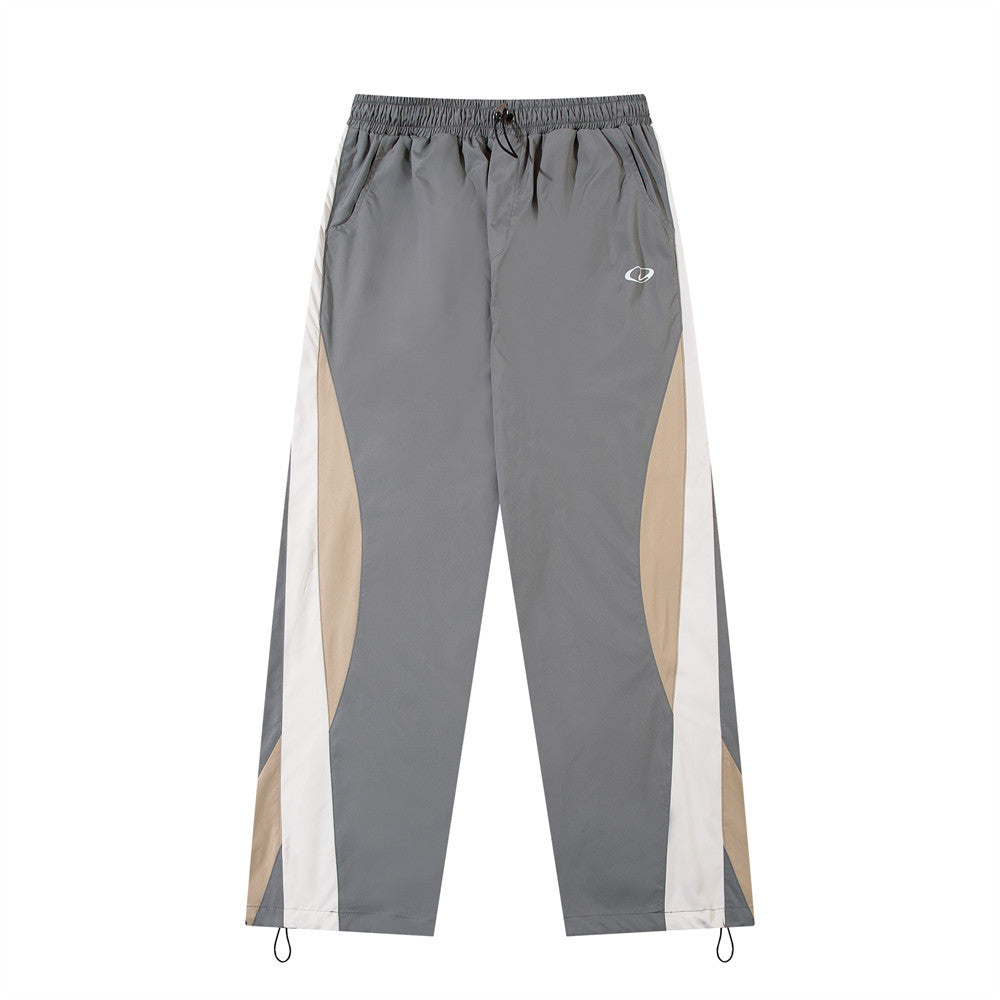 Functional Color Block Spliced Sports Casual Trousers Men's High Street Trend Design Elastic Waist Drawstring Loose Straight Pants