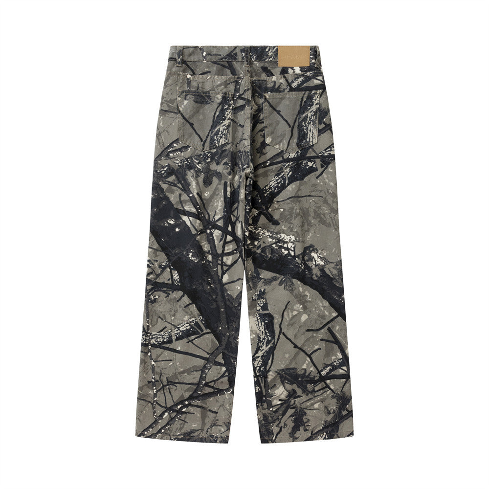 Digital Print Tree Camouflage Straight Leg Long Pants Men's Work Pants Hip Hop Trendy Sports Loose Outdoor Camouflage Trousers