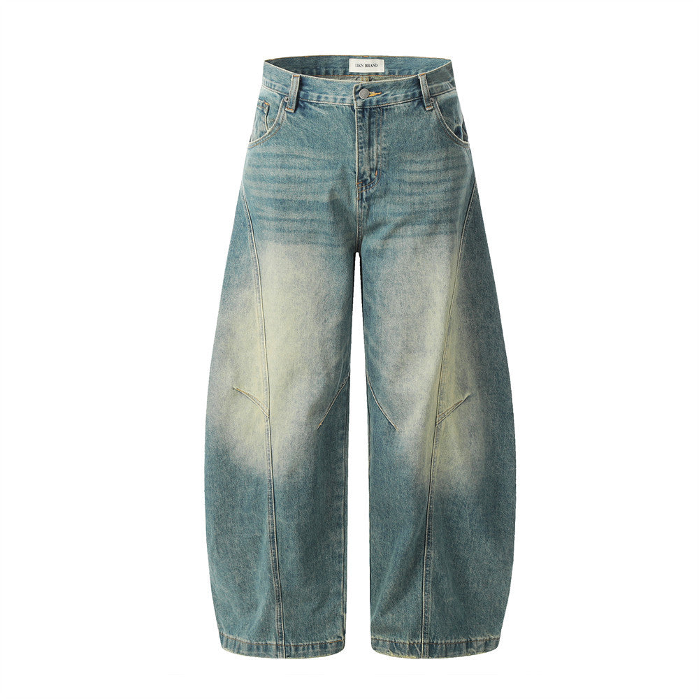 Washed Denim Scissors Pants Men's Long Trousers Punk Deconstructed Patchwork Faded Distressed Loose Wide-Leg Work Pants Street Fashion