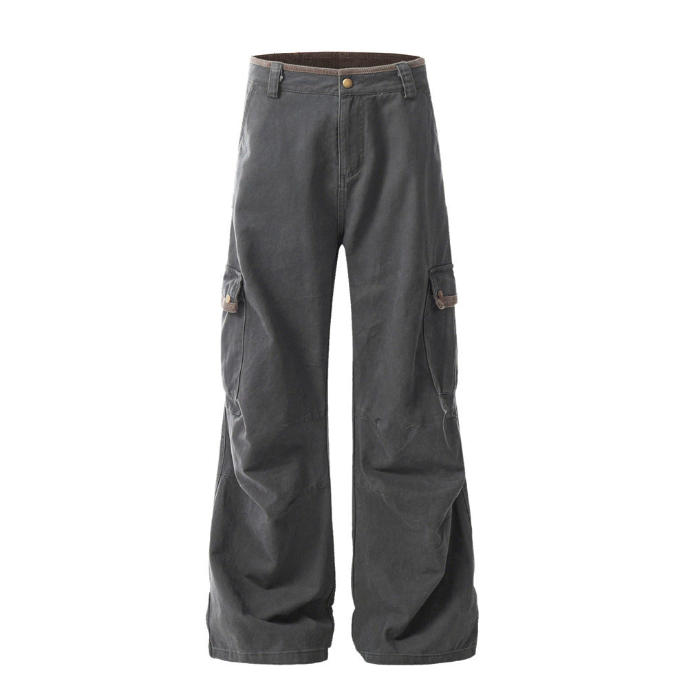 Trendy Workwear Wide-Leg Long Pants Men's Vibe American Retro Pleated Knee Design Solid Color Loose Flared Trousers