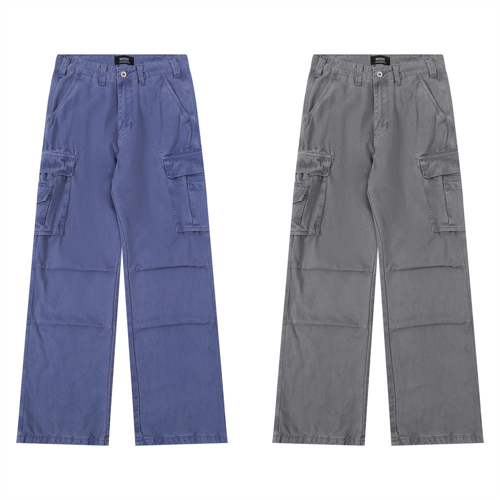 Solid Color Multi-Pocket Workwear Straight Leg Pants Men's Long Trousers Punk Street Style Pleated Design Washed Loose Wide-Leg Pants