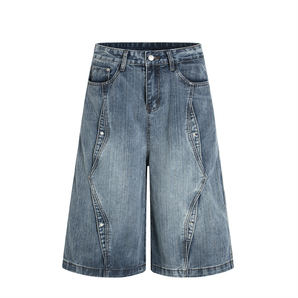 Riveted Deconstructed Denim Short Men's Loose American Street Style Washed Straight Leg Five-Quarter Pants