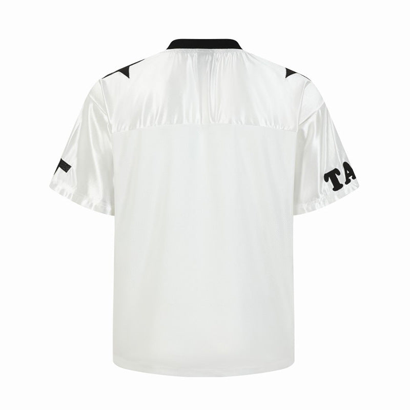 Heart-shaped Color-blocked Leopard Print Mesh Short-sleeved T-shirt Men's Summer Sports Loose V-neck Jersey Breathable Quick-dry Design Sense