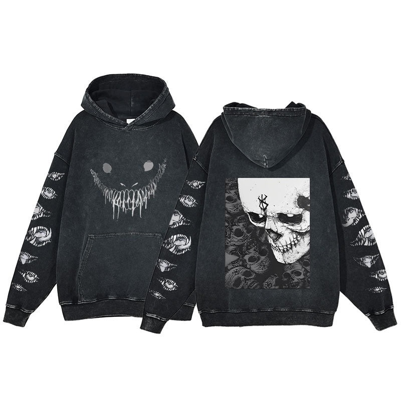 American retro washed hoodie for men and women, hip-hop sword style legendary dark print hoodie, vintage hoodie