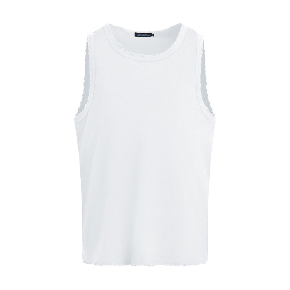Summer Men's Vest Ripped Loose Casual Sports INS Trend Pure Color Versatile Round Neck Sleeveless T-Shirt American Style