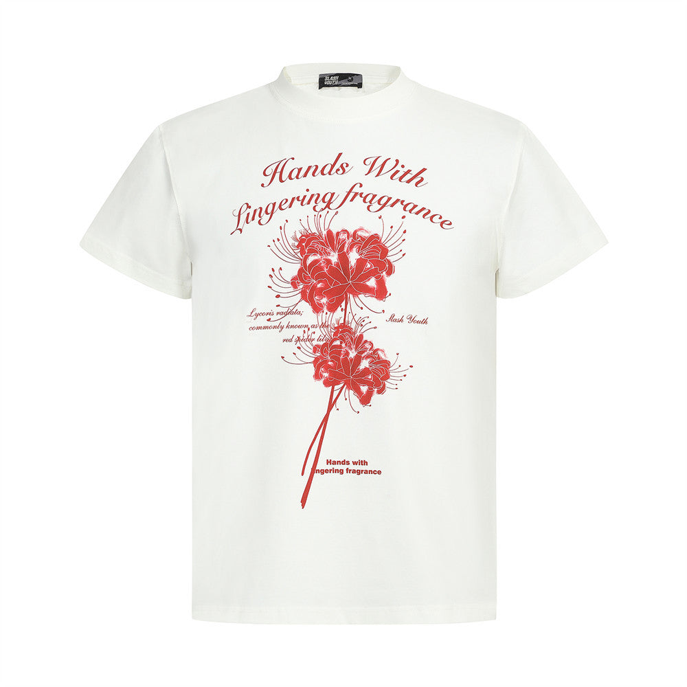 High Street Unique Short Sleeve T-Shirt Men's Summer INS Trendy Regular Shoulder Fitted Plant Flower Stamen Print Tee