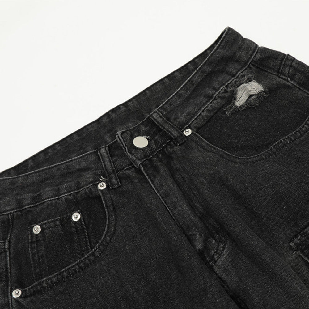 Functional Multi-Pocket Workwear Jeans Men's Trendy Punk Washed Distressed Unique Loose Straight Wide-Leg Long Pants